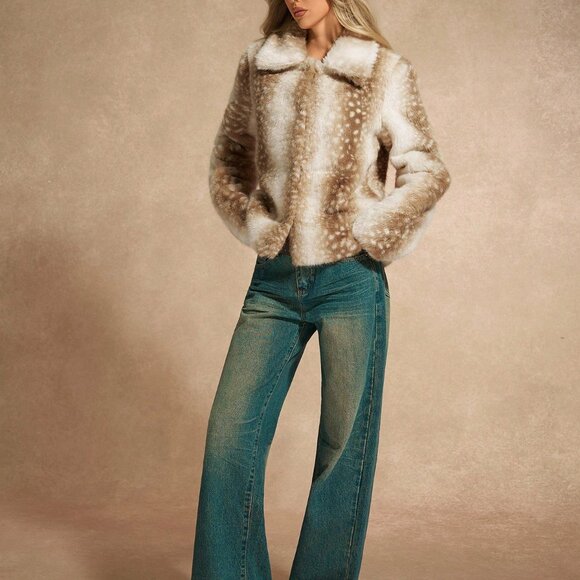 Brown Preppy faWomen's Animal Print Faux Fur Loose Turndown Collar Jacket - Picture 4 of 6